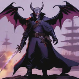 A 50-year-old Tiefling with wings, wearing a black coat, holding a large sword with a purple flame at the tip of the blade