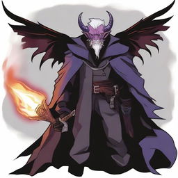 A 50-year-old Tiefling with wings, wearing a black coat, holding a large sword with a purple flame at the tip of the blade