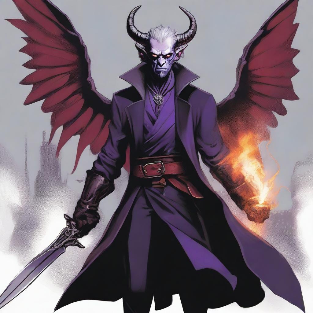 A 50-year-old Tiefling with wings, wearing a black coat, holding a large sword with a purple flame at the tip of the blade