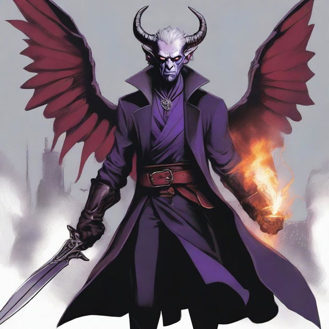 A 50-year-old Tiefling with wings, wearing a black coat, holding a large sword with a purple flame at the tip of the blade