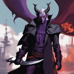 A 35-year-old Tiefling with wings, wearing a black coat, holding a large sword with a purple flame at the tip of the blade