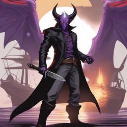 A 35-year-old Tiefling with wings, wearing a black coat, holding a large sword with a purple flame at the tip of the blade