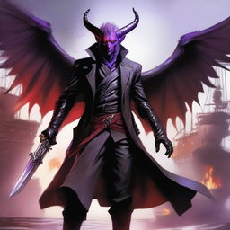 A 35-year-old Tiefling with wings, wearing a black coat, holding a large sword with a purple flame at the tip of the blade