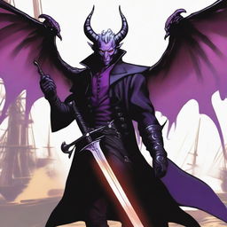 A 35-year-old Tiefling with wings, wearing a black coat, holding a large sword with a purple flame at the tip of the blade