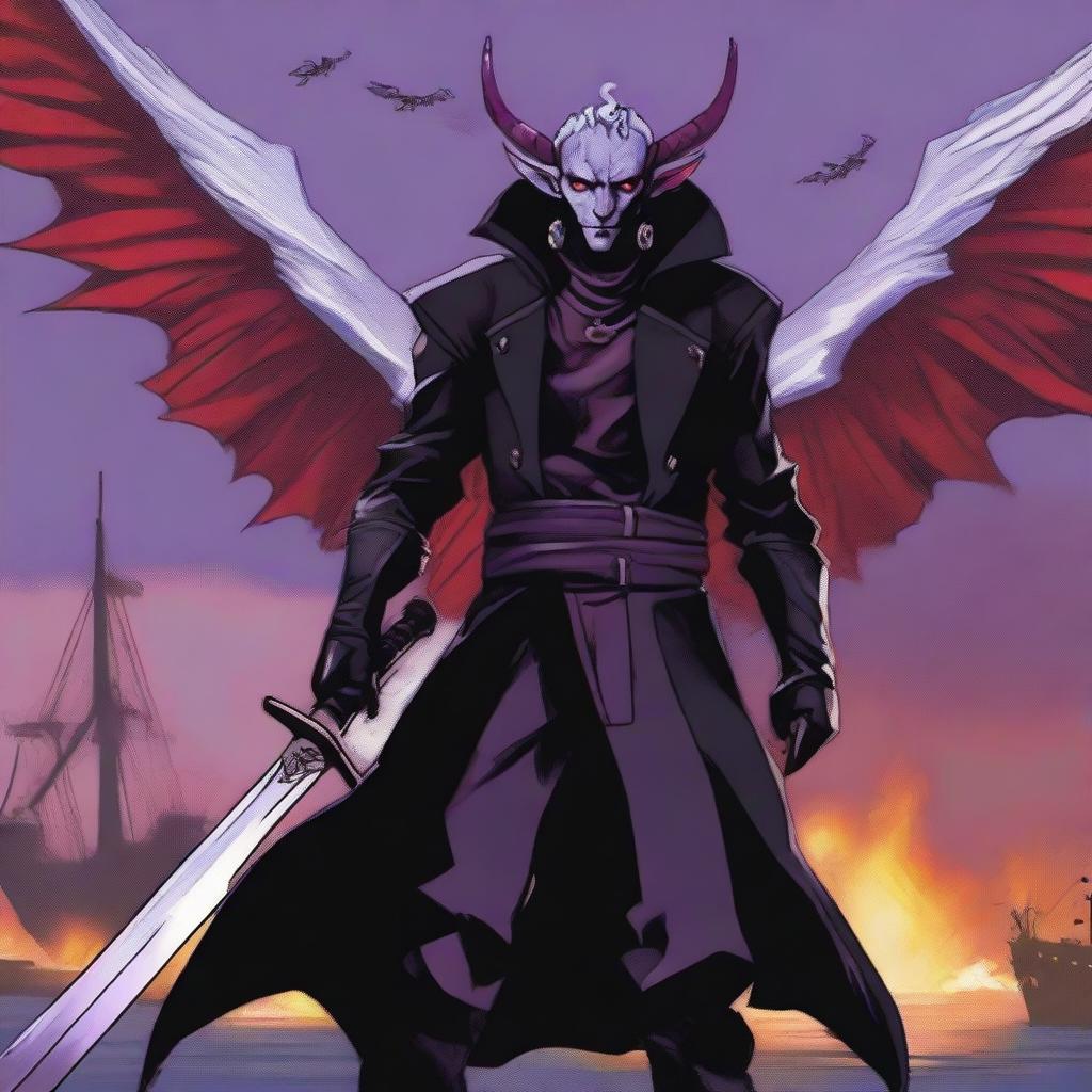 A 35-year-old Tiefling with wings, wearing a black coat, holding a large sword with a purple flame at the tip of the blade