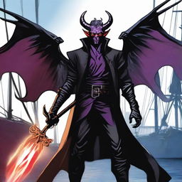 A 35-year-old Tiefling with wings, wearing a black coat, holding a large sword with a purple flame at the tip of the blade