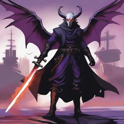 A 35-year-old Tiefling with wings, wearing a black coat, holding a large sword with a purple flame at the tip of the blade