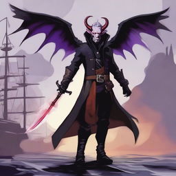 A 35-year-old Tiefling with wings, wearing a black coat, holding a large sword with a purple flame at the tip of the blade