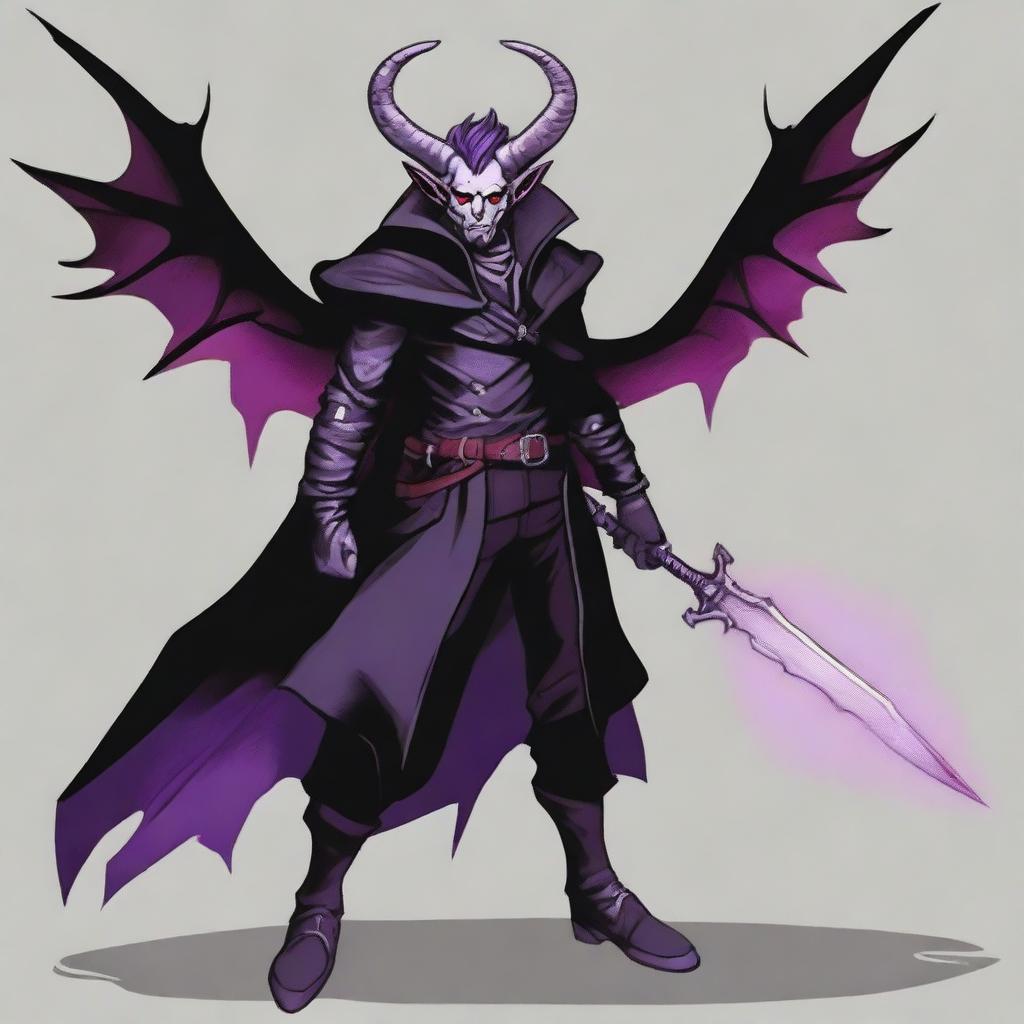 A 35-year-old Tiefling with wings, wearing a black coat, holding a large sword with a purple flame at the tip of the blade