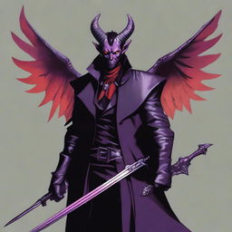 A 35-year-old Tiefling with wings, wearing a black coat, holding a large sword with a purple flame at the tip of the blade