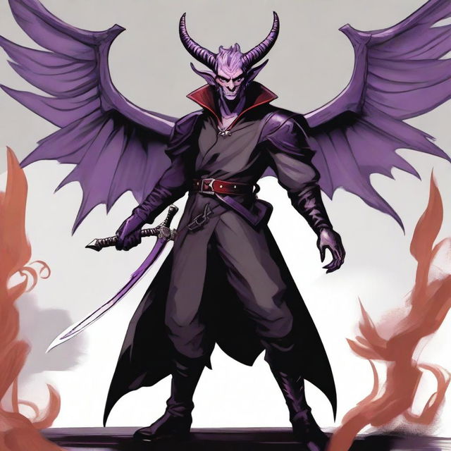 A 35-year-old Tiefling with wings, wearing a black coat, holding a large sword with a purple flame at the tip of the blade