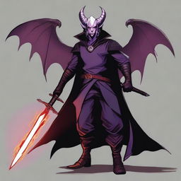 A 35-year-old Tiefling with wings, wearing a black coat, holding a large sword with a purple flame at the tip of the blade