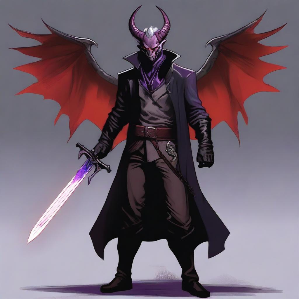 A 35-year-old Tiefling with wings, wearing a black coat, holding a large sword with a purple flame at the tip of the blade