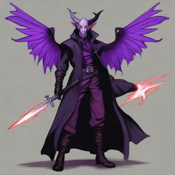 A 35-year-old Tiefling with wings, wearing a black coat, holding a large sword with a purple flame at the tip of the blade