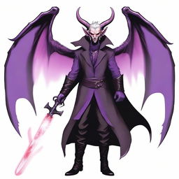 A 35-year-old Tiefling with wings, wearing a black coat, holding a large sword with a purple flame at the tip of the blade