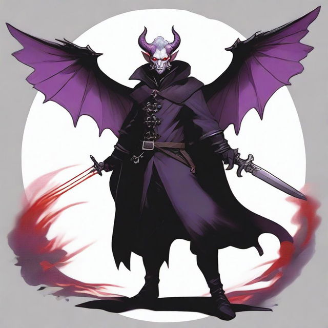 A 35-year-old Tiefling with wings, wearing a black coat, holding a large sword with a purple flame at the tip of the blade