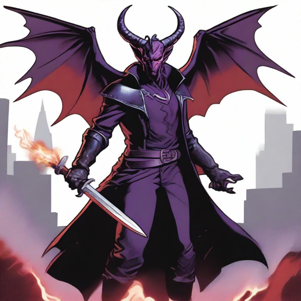 A 35-year-old Tiefling with wings, wearing a black coat, holding a large sword with a purple flame at the tip of the blade