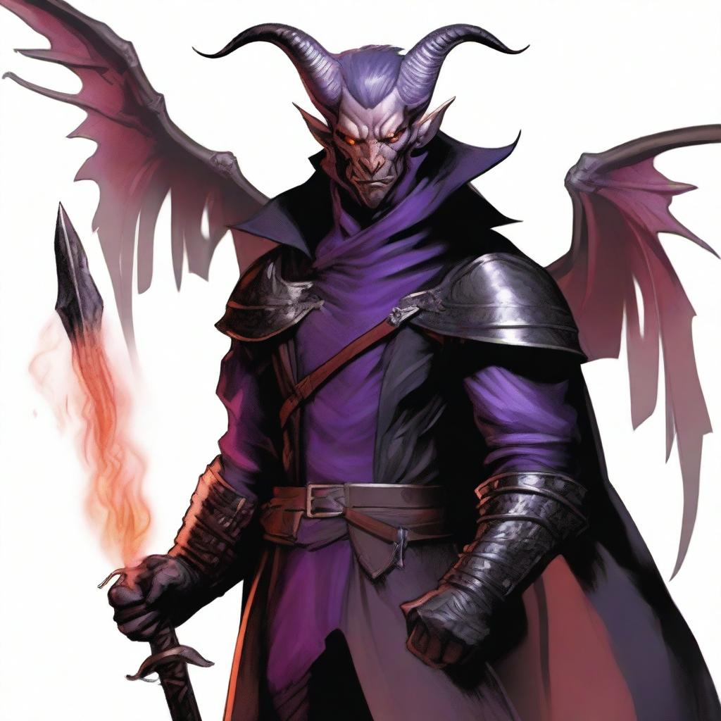 A 35-year-old Tiefling with wings, wearing a black coat, holding a large sword with a purple flame at the tip of the blade