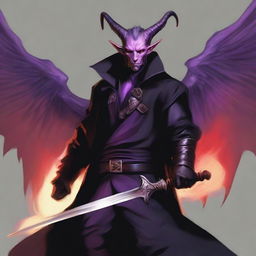 A 35-year-old Tiefling with wings, wearing a black coat, holding a large sword with a purple flame at the tip of the blade