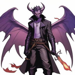 A 35-year-old Tiefling with wings, wearing a black coat, holding a large sword with a purple flame at the tip of the blade