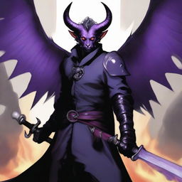 A 35-year-old Tiefling with wings, wearing a black coat, holding a large sword with a purple flame at the tip of the blade