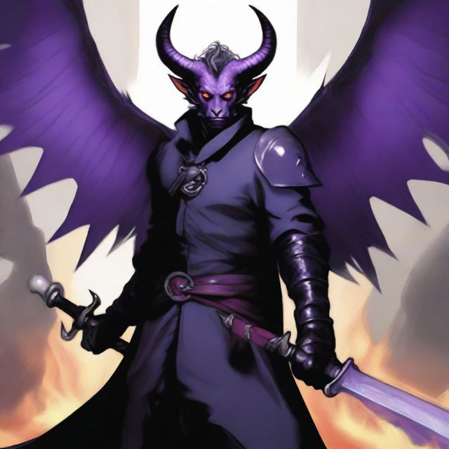 A 35-year-old Tiefling with wings, wearing a black coat, holding a large sword with a purple flame at the tip of the blade