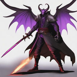 A 35-year-old Tiefling with wings, wearing a black coat, holding a large sword with a purple flame at the tip of the blade