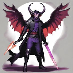 A 35-year-old Tiefling with wings, wearing a black coat, holding a large sword with a purple flame at the tip of the blade