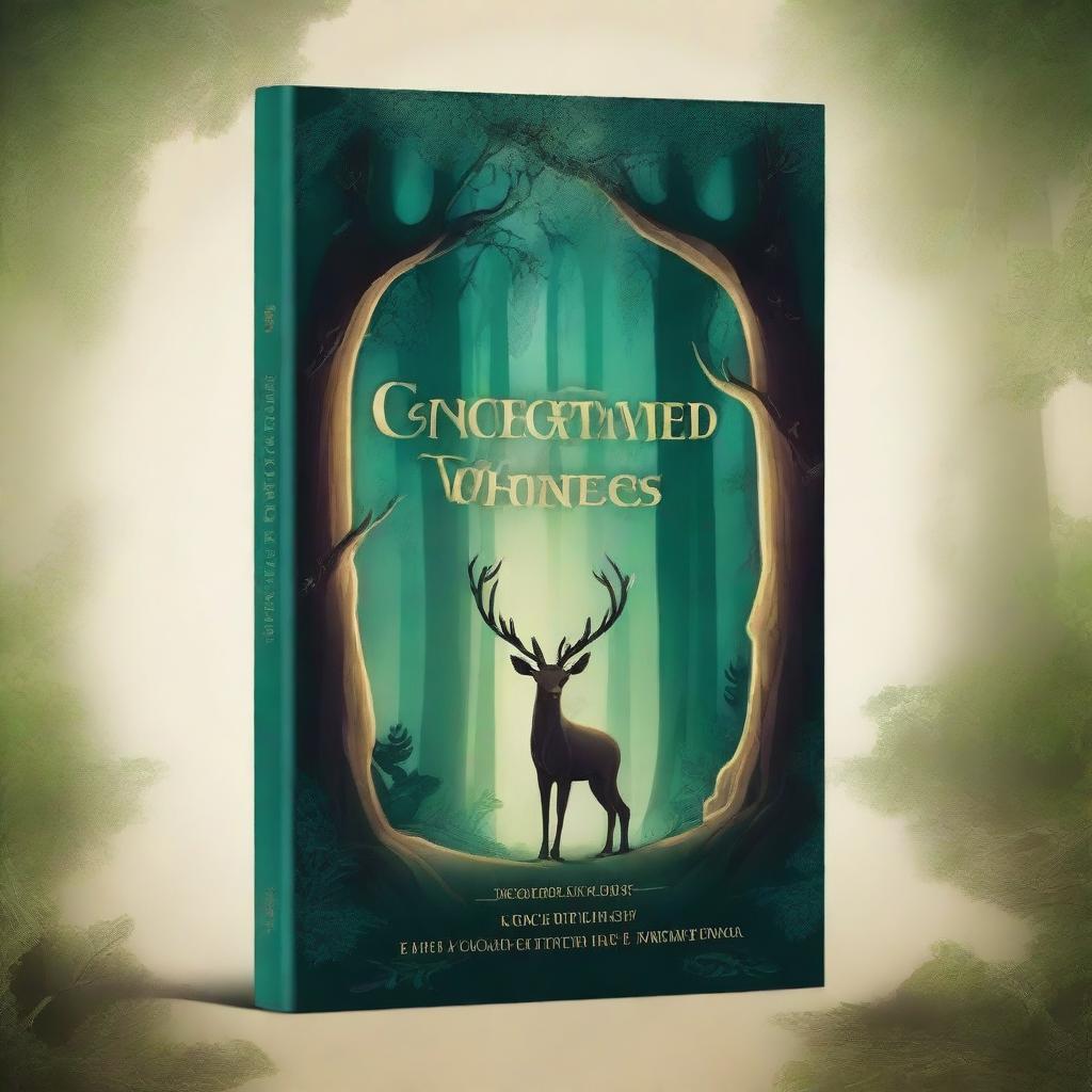 Create a captivating book cover featuring a mystical forest with ancient trees and glowing magical creatures