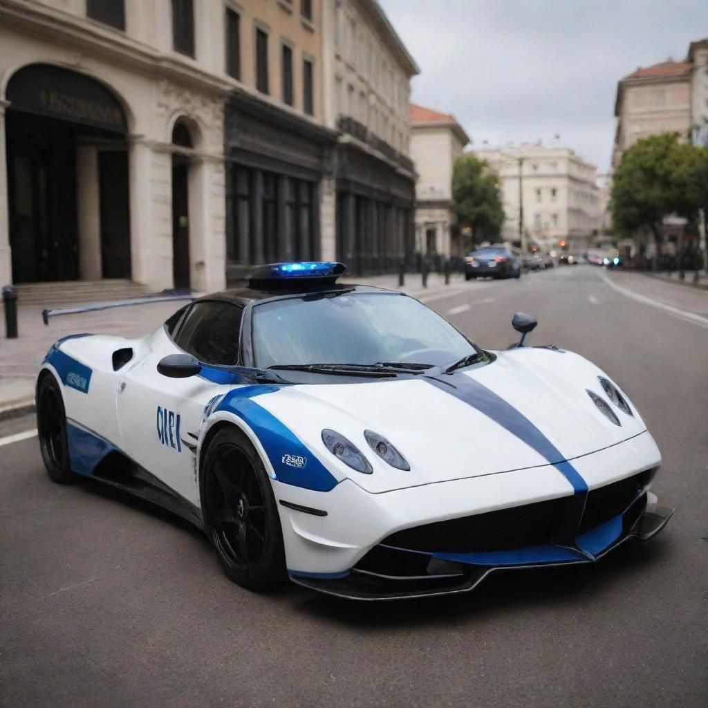 Pagani cars transformed into high-speed police vehicles, complete with bold blue and red flashing lights, police decals, and equipped for intense speed pursuits.