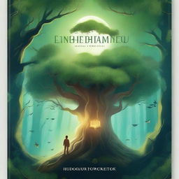 Create a captivating book cover featuring a mystical forest with ancient trees and glowing magical creatures