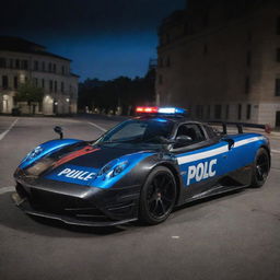 Pagani cars transformed into high-speed police vehicles, complete with bold blue and red flashing lights, police decals, and equipped for intense speed pursuits.