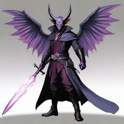 A 40-year-old Tiefling with wings, wearing a black coat, holding a single large sword with a purple flame at the tip of the blade