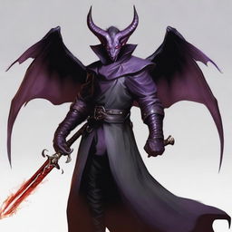 A 40-year-old Tiefling with wings, wearing a black coat, holding a single large sword with a purple flame at the tip of the blade