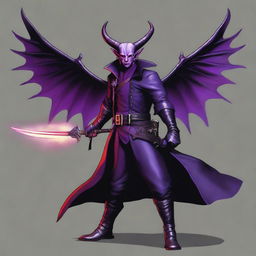 A 40-year-old Tiefling with wings, wearing a black coat, holding a single large sword with a purple flame at the tip of the blade