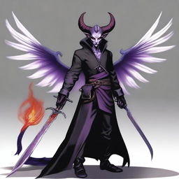 A 40-year-old Tiefling with wings, wearing a black coat, holding a single large sword with a purple flame at the tip of the blade