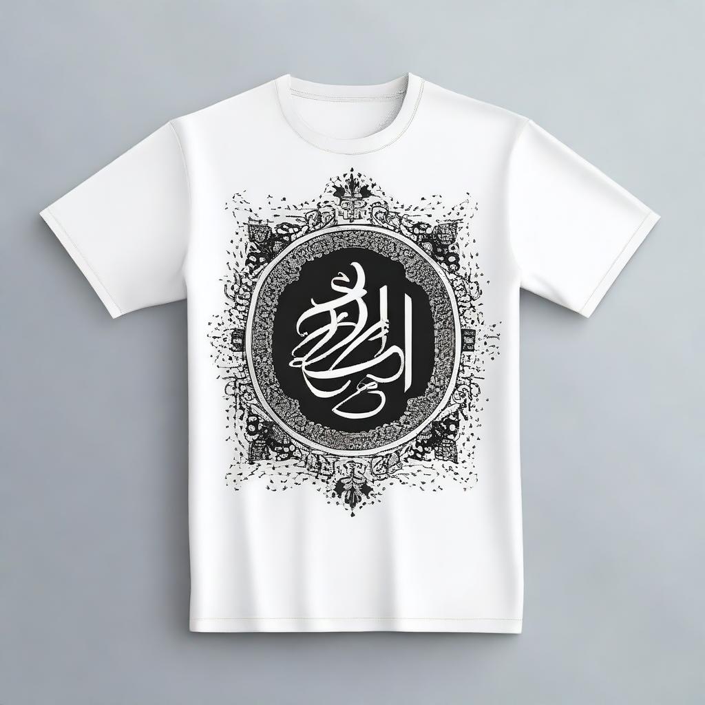 A stylish t-shirt design featuring an Islamic quote written in elegant Arabic calligraphy