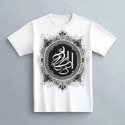 A stylish t-shirt design featuring an Islamic quote written in elegant Arabic calligraphy