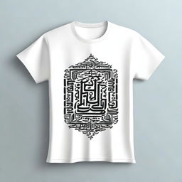 A stylish t-shirt design featuring an Islamic quote written in elegant Arabic calligraphy