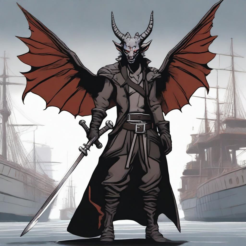 A 40-year-old Tiefling with wings, wearing a black coat, holding a large, long sword