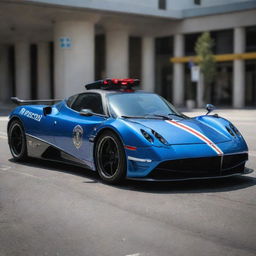 Pagani cars transformed into high-speed police vehicles, complete with bold blue and red flashing lights, police decals, and equipped for intense speed pursuits.