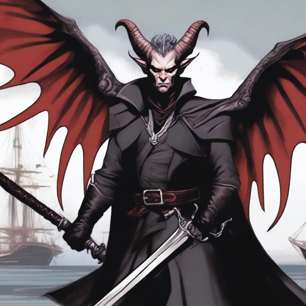 A 40-year-old Tiefling with wings, wearing a black coat, holding a large, long sword