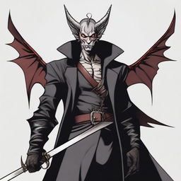 A 40-year-old Tiefling with wings, wearing a black coat, holding a large, long sword