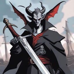 A 40-year-old Tiefling with wings, wearing a black coat, holding a large, long sword