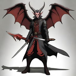 A 40-year-old Tiefling with wings, wearing a black coat, holding a large, long sword