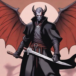 A 40-year-old Tiefling with wings, wearing a black coat, holding a large, long sword