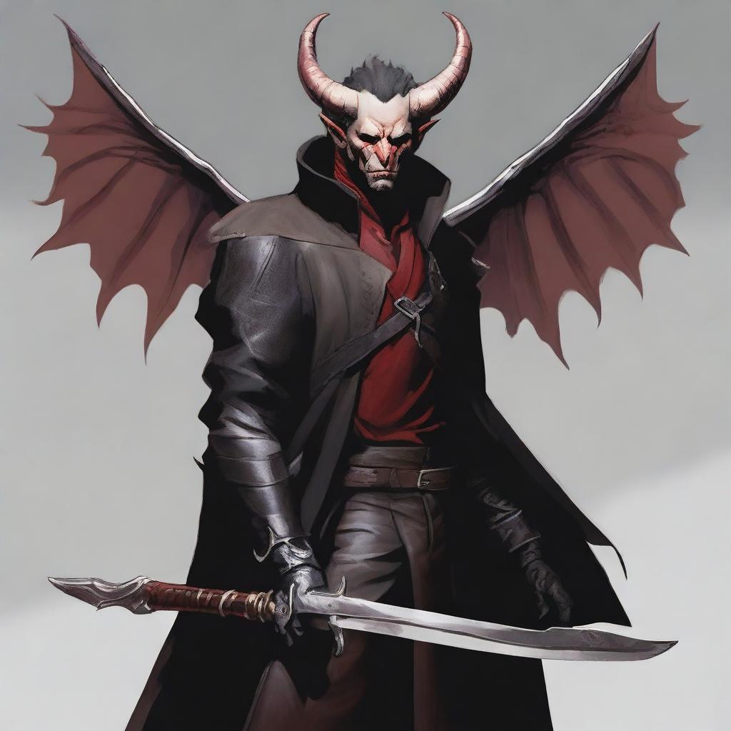 A 40-year-old Tiefling with wings, wearing a black coat, holding a large, long sword