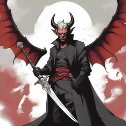 A 40-year-old Tiefling with wings, wearing a black coat, holding a large, long sword