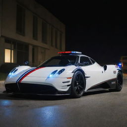 Pagani cars transformed into high-speed police vehicles, complete with bold blue and red flashing lights, police decals, and equipped for intense speed pursuits.