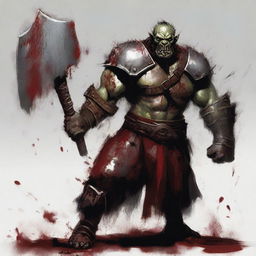 A gladiator orc wielding a double-sided axe, wearing armor on their shoulders, which is covered in blood